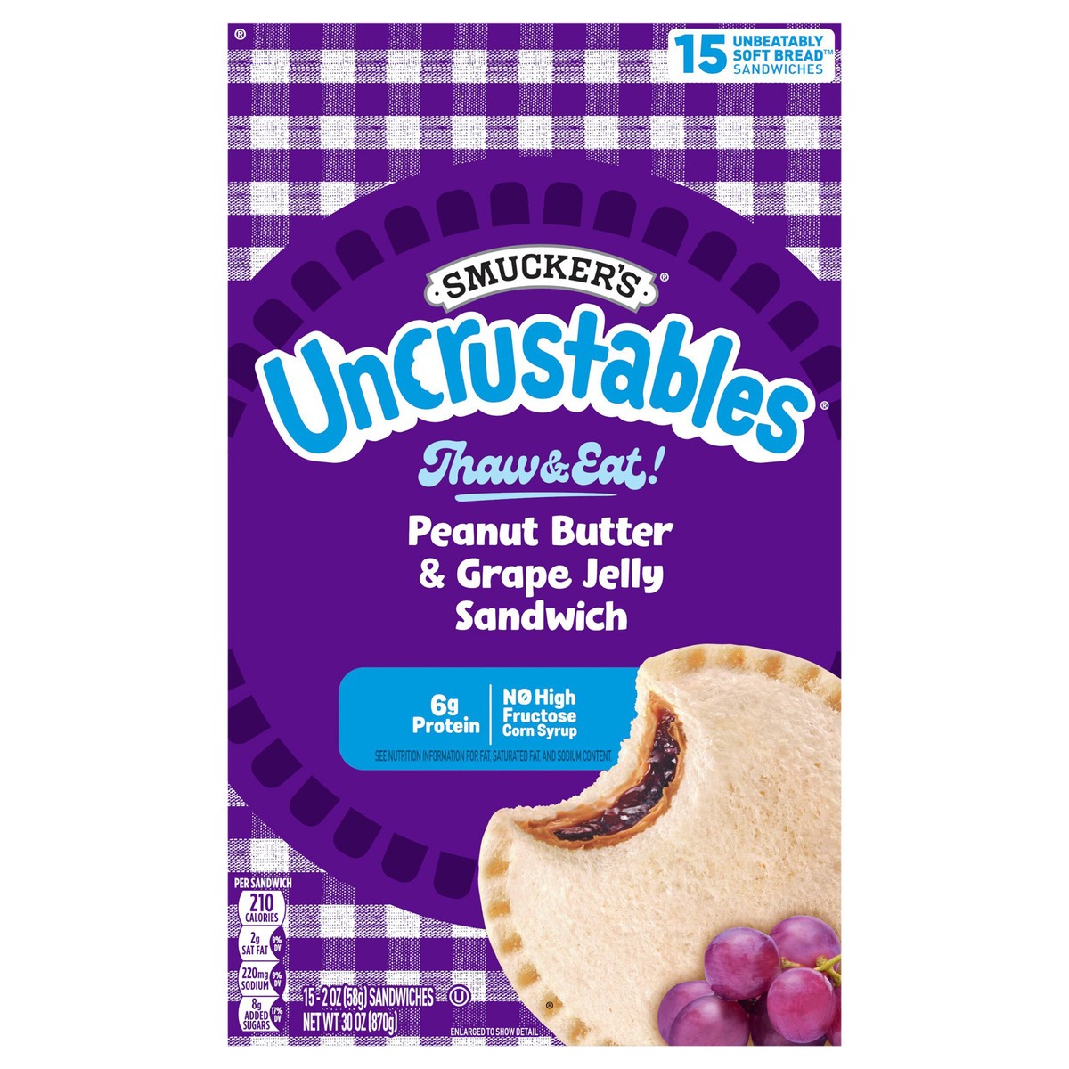 slide 1 of 11, Smucker's Smucker’s Uncrustables Peanut Butter & Grape Jelly Sandwiches, 15 Count, 2 Oz. Each, Frozen, 15 ct