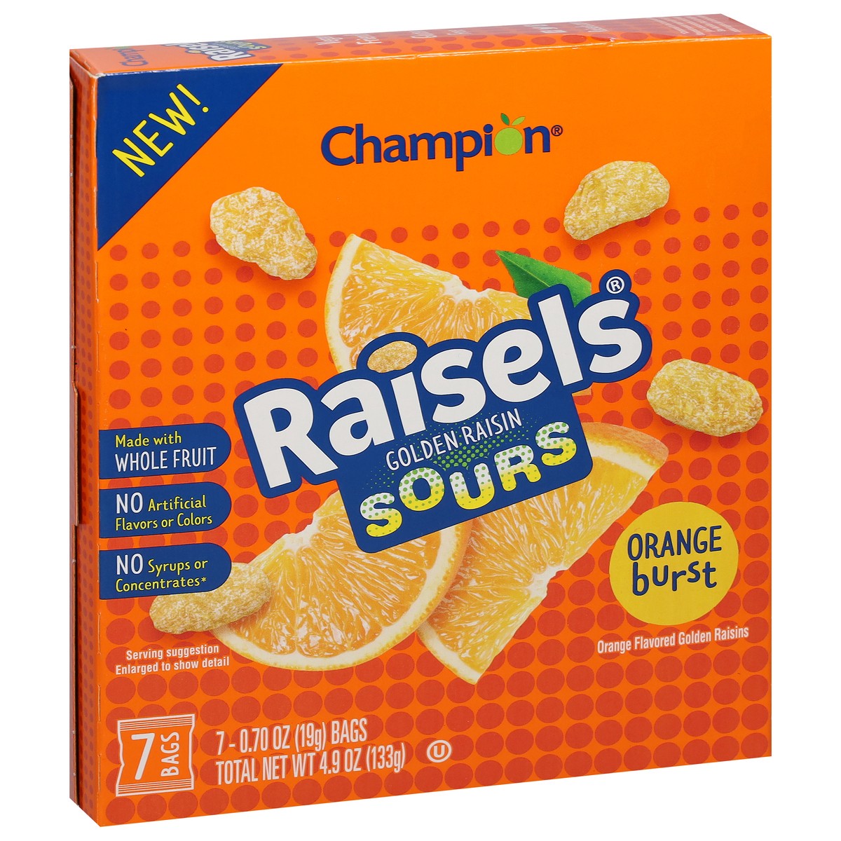 slide 3 of 9, Champion Raisels Sours Orange Burst Golden Raisin 7 - 0.70 oz ea, 4.9 oz