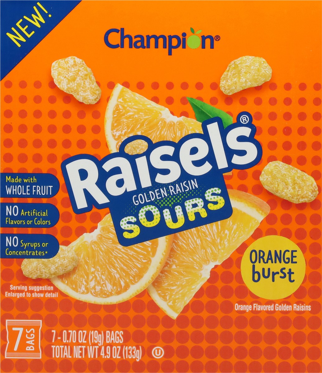 slide 7 of 9, Champion Raisels Sours Orange Burst Golden Raisin 7 - 0.70 oz ea, 4.9 oz