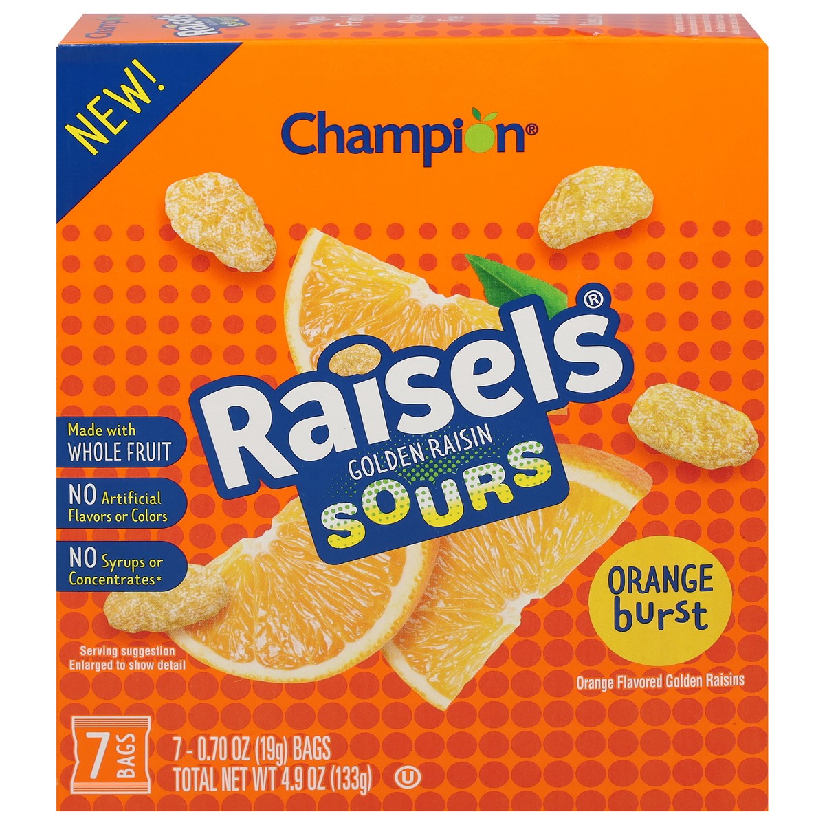 slide 1 of 9, Champion Raisels Sours Orange Burst Golden Raisin 7 - 0.70 oz ea, 4.9 oz