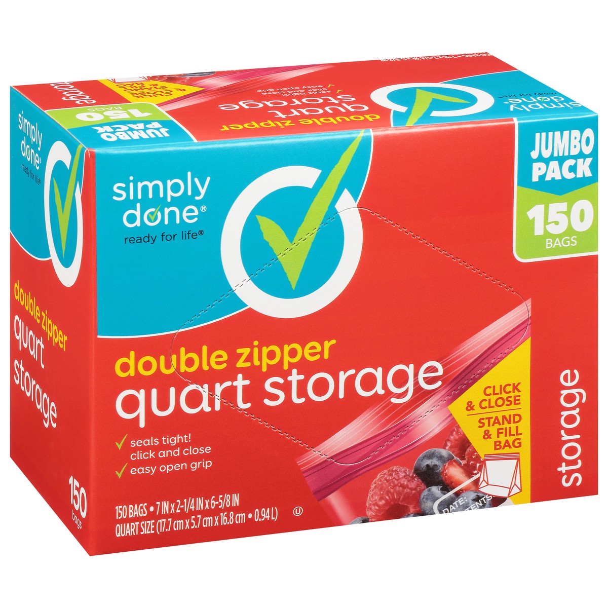 slide 4 of 12, Simply Done Double Zipper Quart Jumbo Pack Storage Bags 150 ea, 150 ct