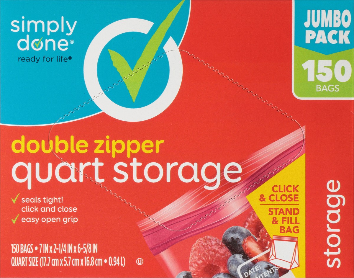 slide 7 of 12, Simply Done Double Zipper Quart Jumbo Pack Storage Bags 150 ea, 150 ct