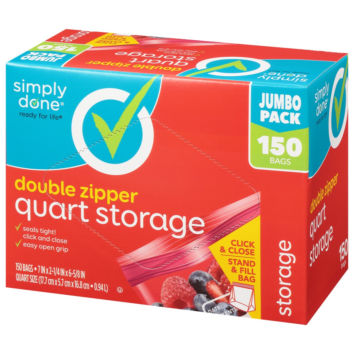 slide 10 of 12, Simply Done Double Zipper Quart Jumbo Pack Storage Bags 150 ea, 150 ct