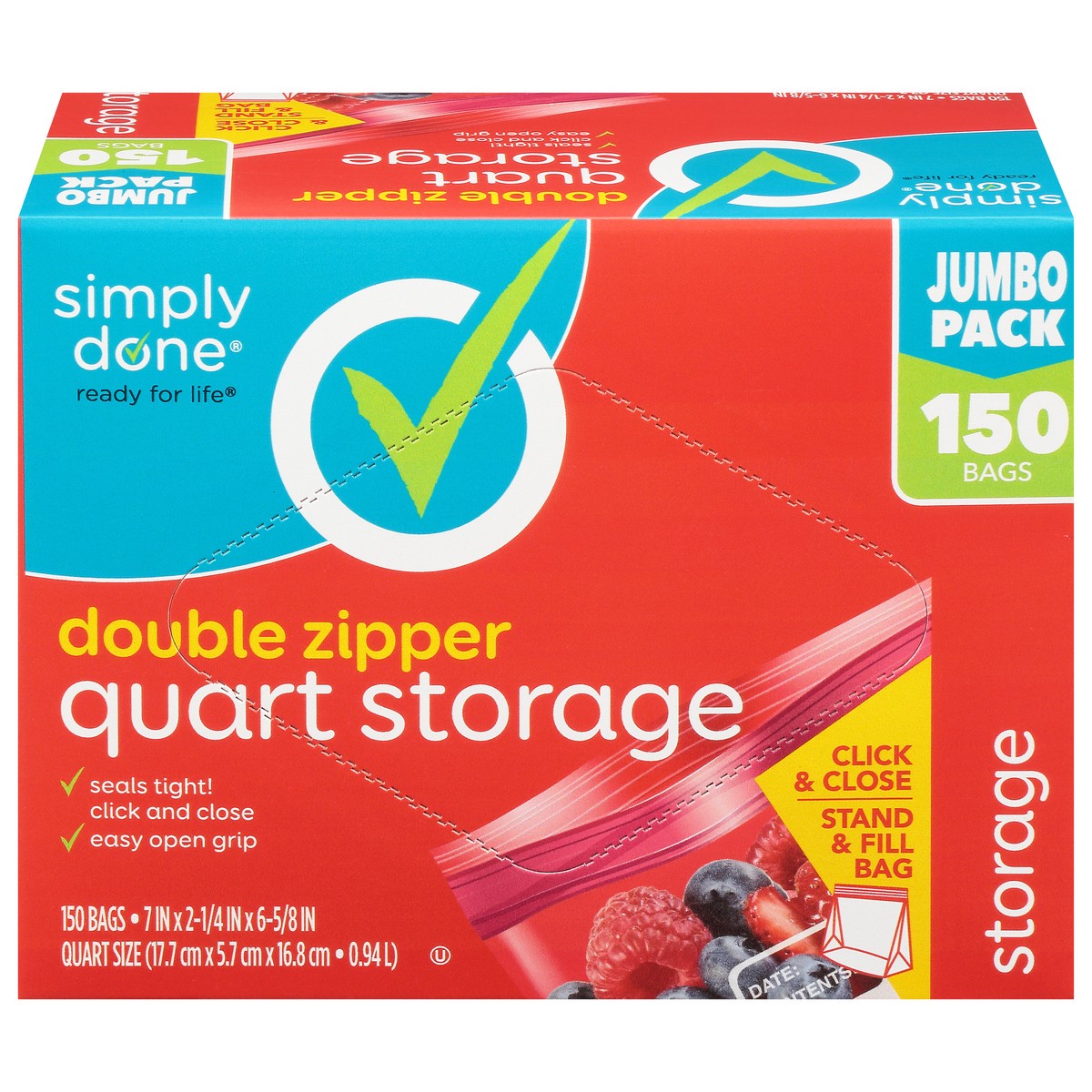 slide 1 of 12, Simply Done Double Zipper Quart Jumbo Pack Storage Bags 150 ea, 150 ct