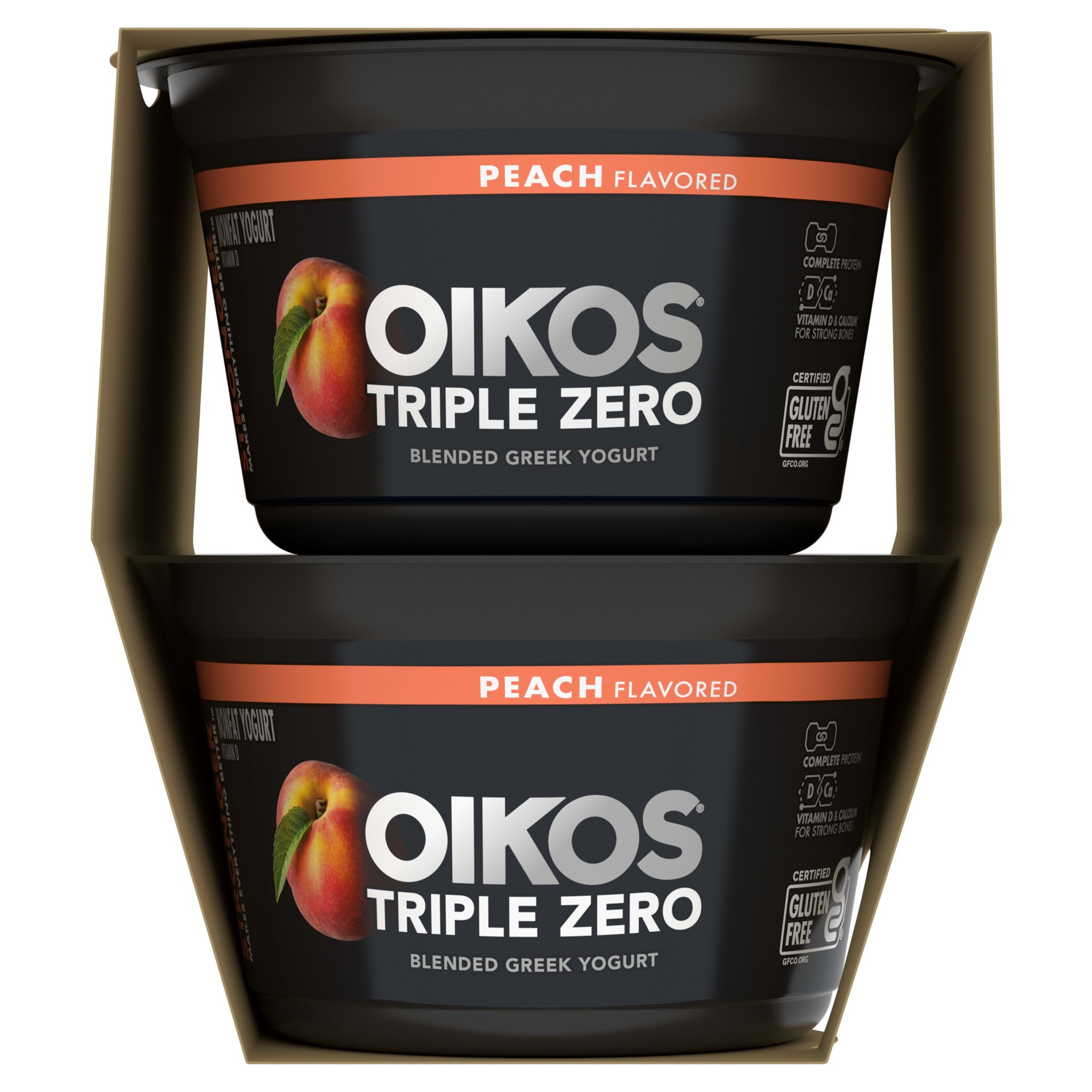 slide 2 of 5, Oikos Triple Zero Peach Nonfat Greek Yogurt Pack, 0% Fat, Sugar Free and 0 Artificial Sweeteners, Just Delicious High Protein Yogurt, 4 Ct, 5.3 OZ Cups, 5.3 oz