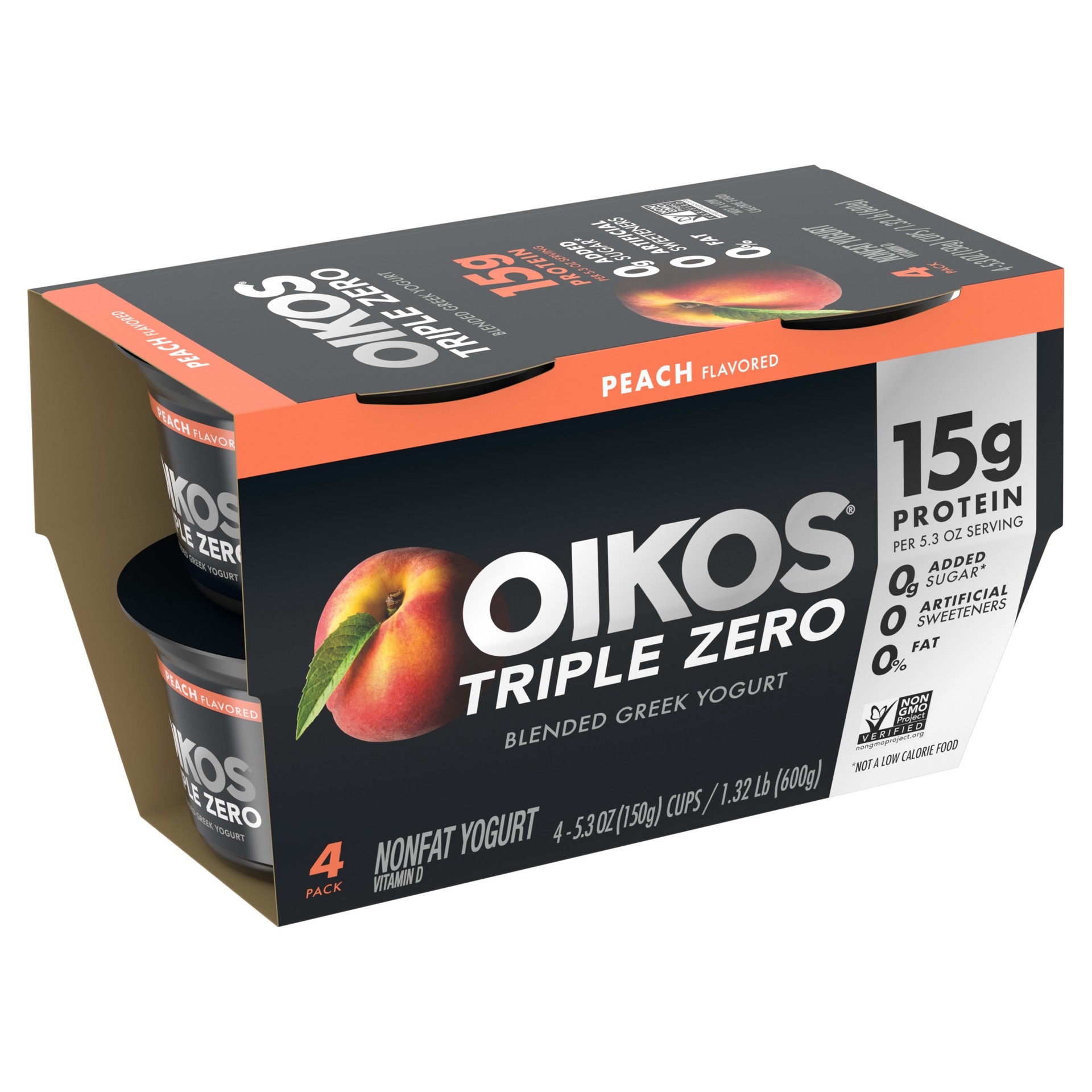 slide 3 of 5, Oikos Triple Zero Peach Nonfat Greek Yogurt Pack, 0% Fat, Sugar Free and 0 Artificial Sweeteners, Just Delicious High Protein Yogurt, 4 Ct, 5.3 OZ Cups, 5.3 oz