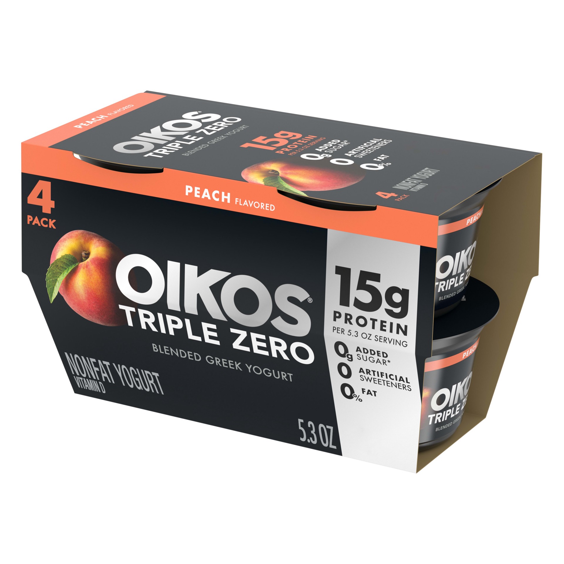 slide 1 of 5, Oikos Triple Zero Peach Nonfat Greek Yogurt Pack, 0% Fat, Sugar Free and 0 Artificial Sweeteners, Just Delicious High Protein Yogurt, 4 Ct, 5.3 OZ Cups, 5.3 oz