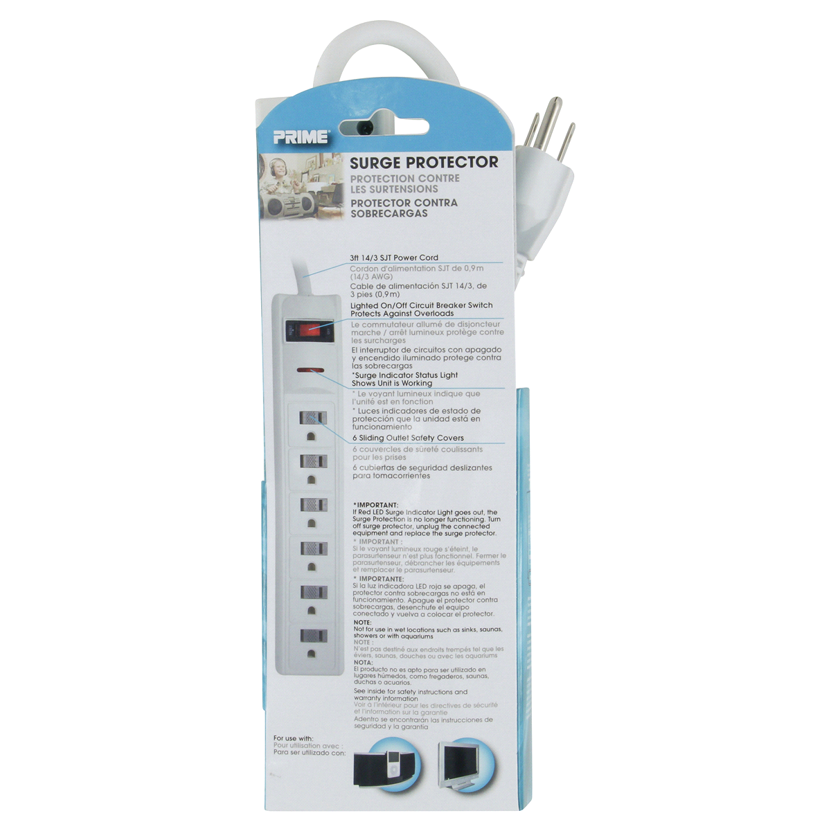 slide 2 of 2, Prime Wire & Cable Prime 6-Outlet General Purpose Surge Protector - White, 3 ft