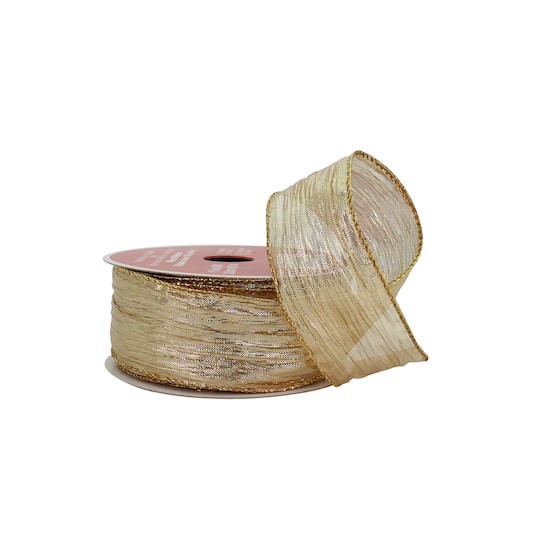 slide 1 of 3, 1.5" X 30ft. Metallic Gold Sheer Wired Crinkle Ribbon By Celebrate It, 1.5 in x 30 ft