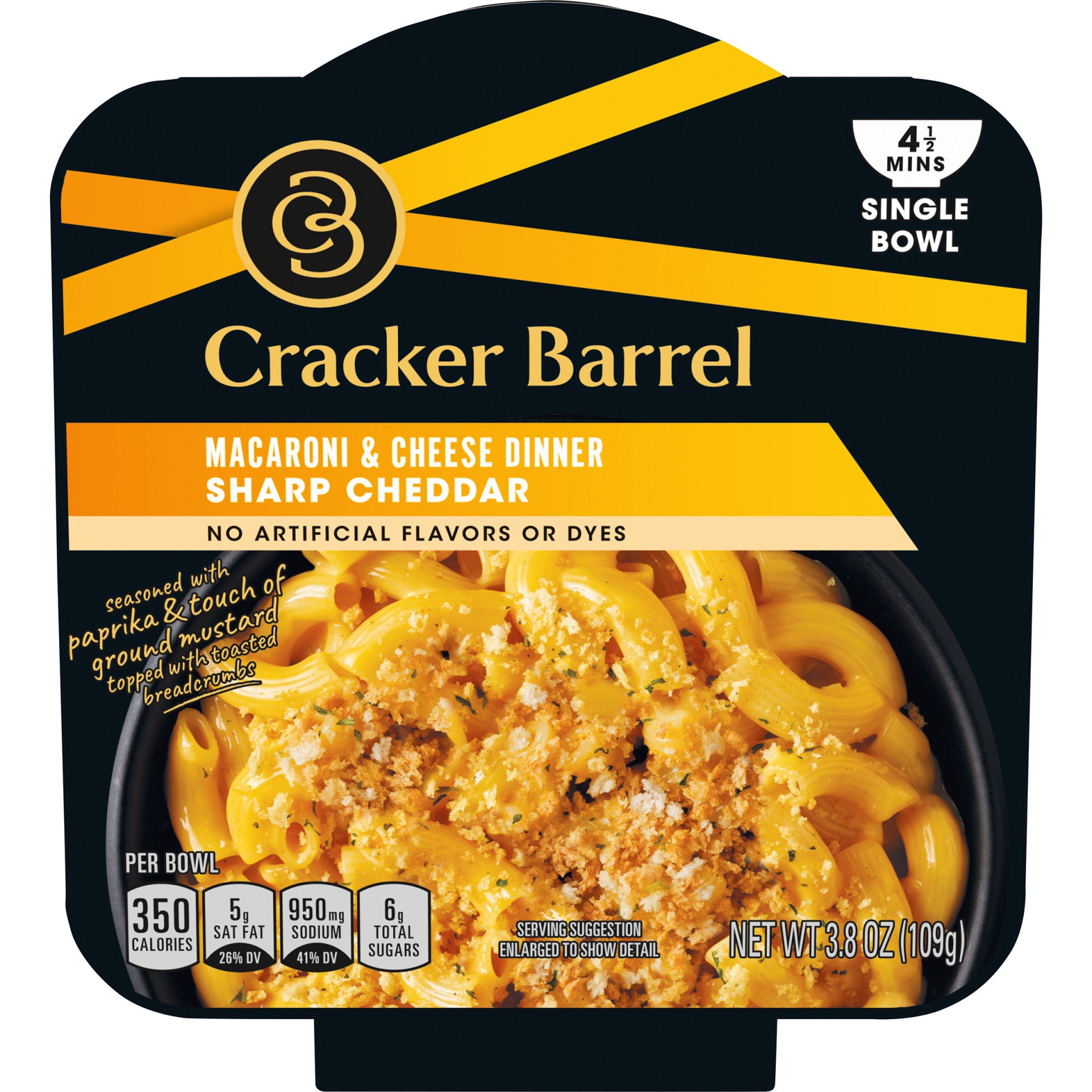 slide 1 of 9, Cracker Barrel Mac and Cheese, 1 Bowl, for Easy Dinner or Dinner Sides, Sharp Cheddar, No Artificial Flavors or Dyes, 3.8 oz, 3.8 oz