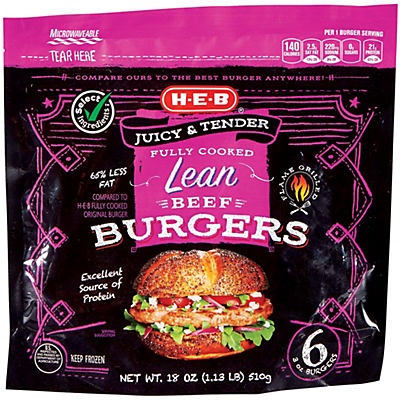 slide 1 of 1, H-E-B Fully Cooked Lean Beef Burger Patties, 6 ct