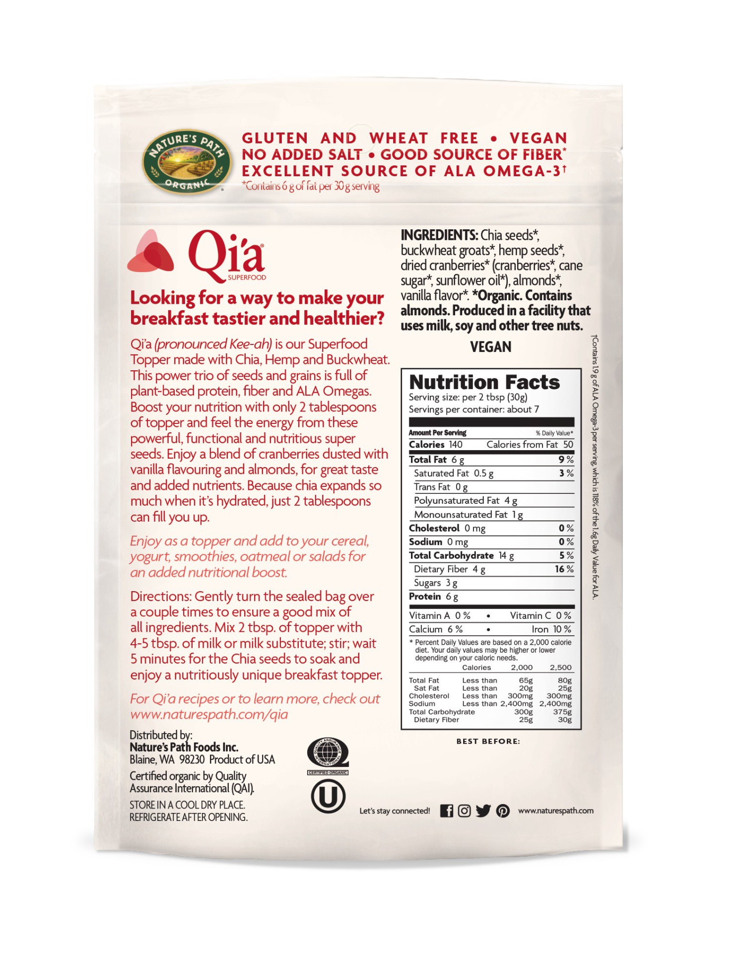 slide 6 of 6, Nature's Path Qi'a Organic Cranberry Cereal 8oz Pouch, 7.9 oz