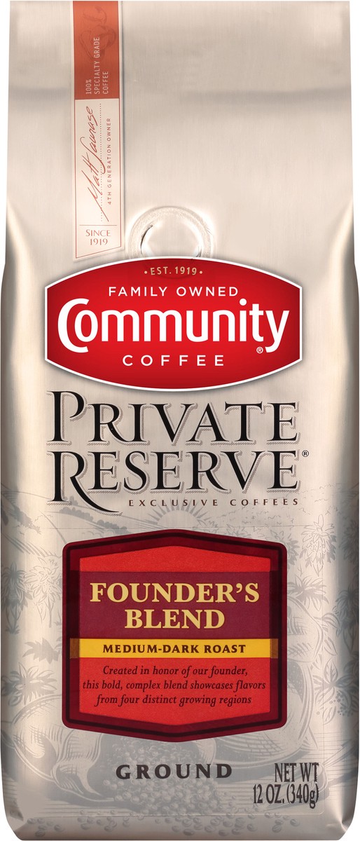 slide 1 of 7, Community Coffee Private Reserve Medium-Dark Roast Ground Founder's Blend Coffee - 12 oz, 12 oz