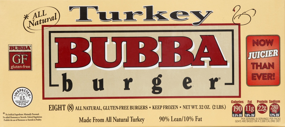 Bubba Burger Burgers, Turkey, 90%/10% - 8 - 0.25 pound burgers [32 oz (2 lbs)]