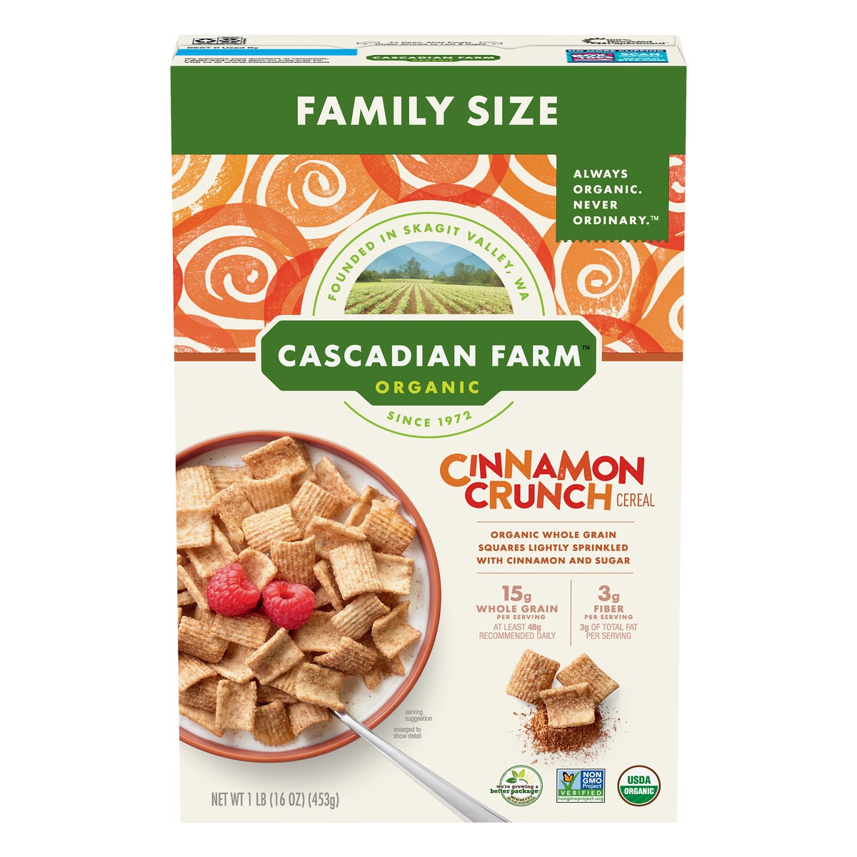 slide 1 of 12, Cascadian Farm Family Size Organic Cinnamon Crunch Cereal 1 lb, 1 lb