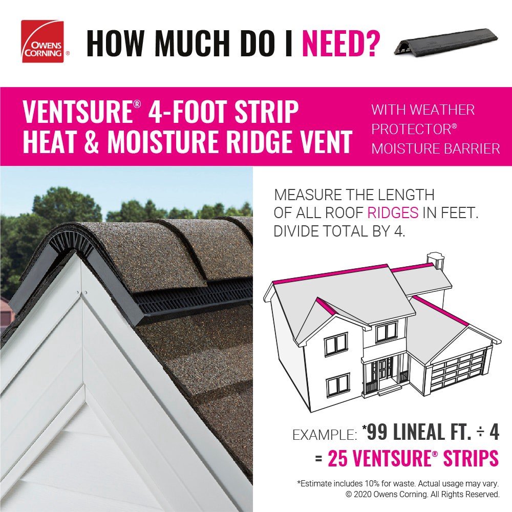 slide 6 of 6, Owens Corning VentSure (1 Vent) 15-in x 48-in Black Plastic Stick Roof Ridge Vent, 1 ct