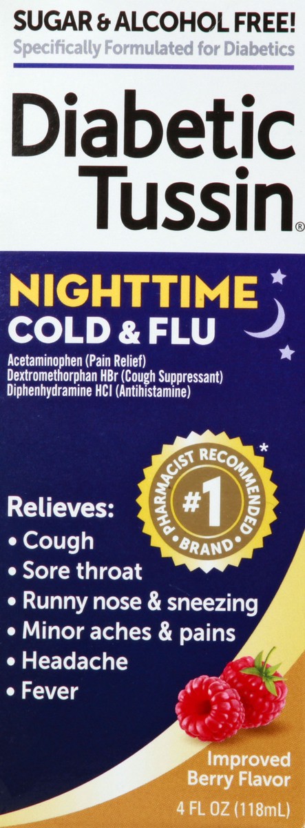 slide 4 of 10, Tussin Nighttime Cold and Flu Medicine - 4 Fl oz - Sugar Free Liquid Cough Syrup, Safe for Diabetics, Berry Flavored, 4 fl oz