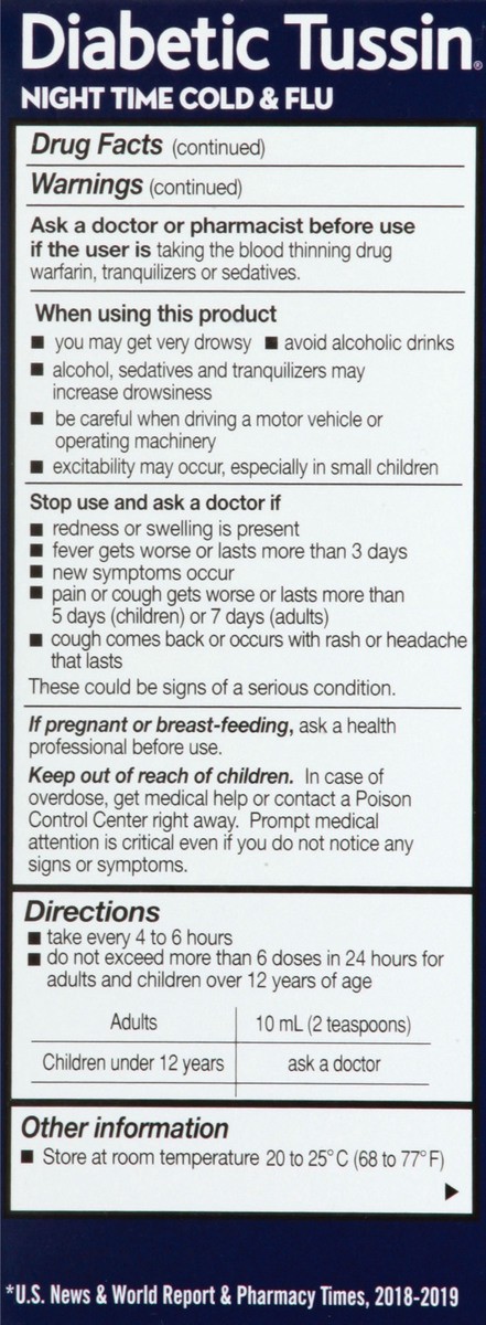 slide 5 of 10, Tussin Nighttime Cold and Flu Medicine - 4 Fl oz - Sugar Free Liquid Cough Syrup, Safe for Diabetics, Berry Flavored, 4 fl oz