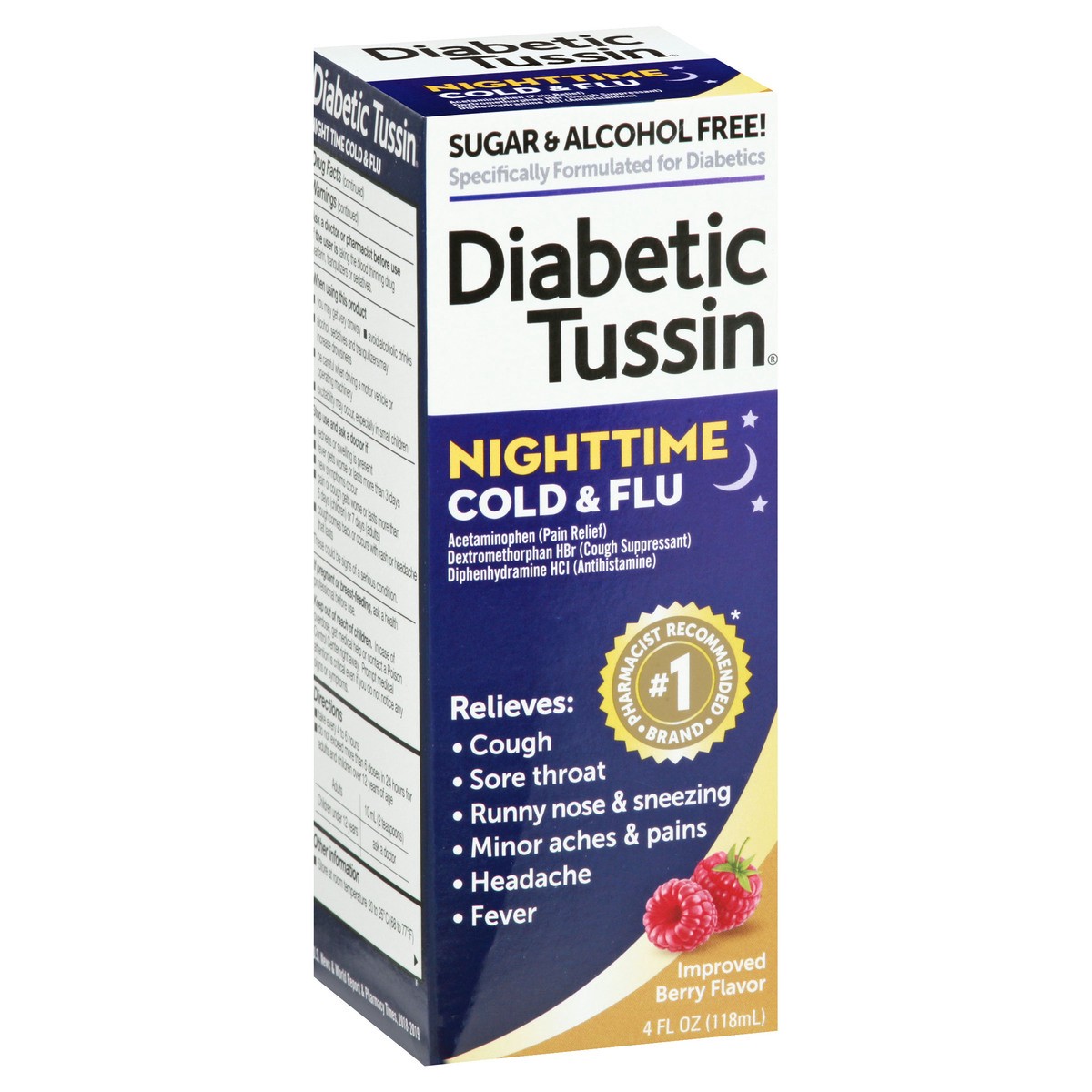 slide 6 of 10, Tussin Nighttime Cold and Flu Medicine - 4 Fl oz - Sugar Free Liquid Cough Syrup, Safe for Diabetics, Berry Flavored, 4 fl oz