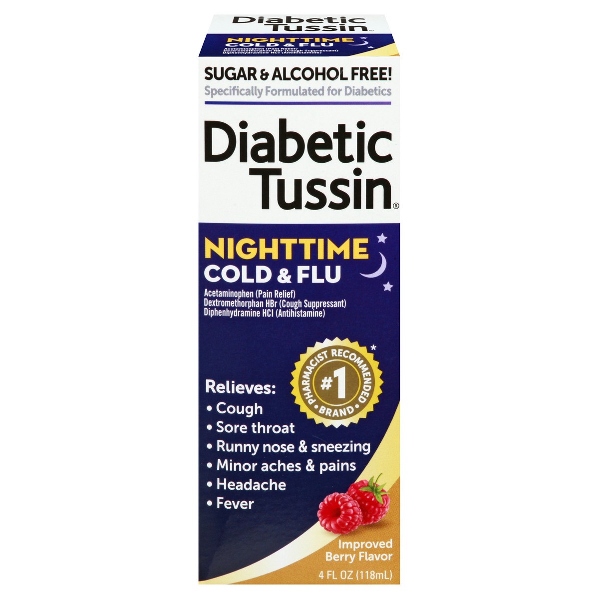 slide 1 of 10, Tussin Nighttime Cold and Flu Medicine - 4 Fl oz - Sugar Free Liquid Cough Syrup, Safe for Diabetics, Berry Flavored, 4 fl oz