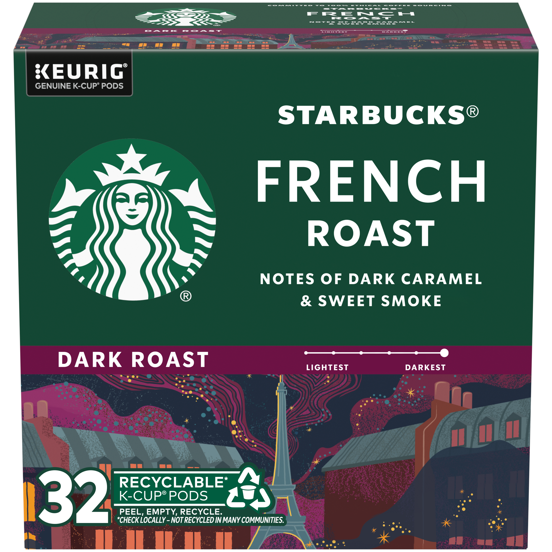 slide 1 of 9, Starbucks K-Cup Coffee Pods, Dark Roast Coffee, French Roast, 100% Arabica, 1 box (32 pods), 13.5 oz