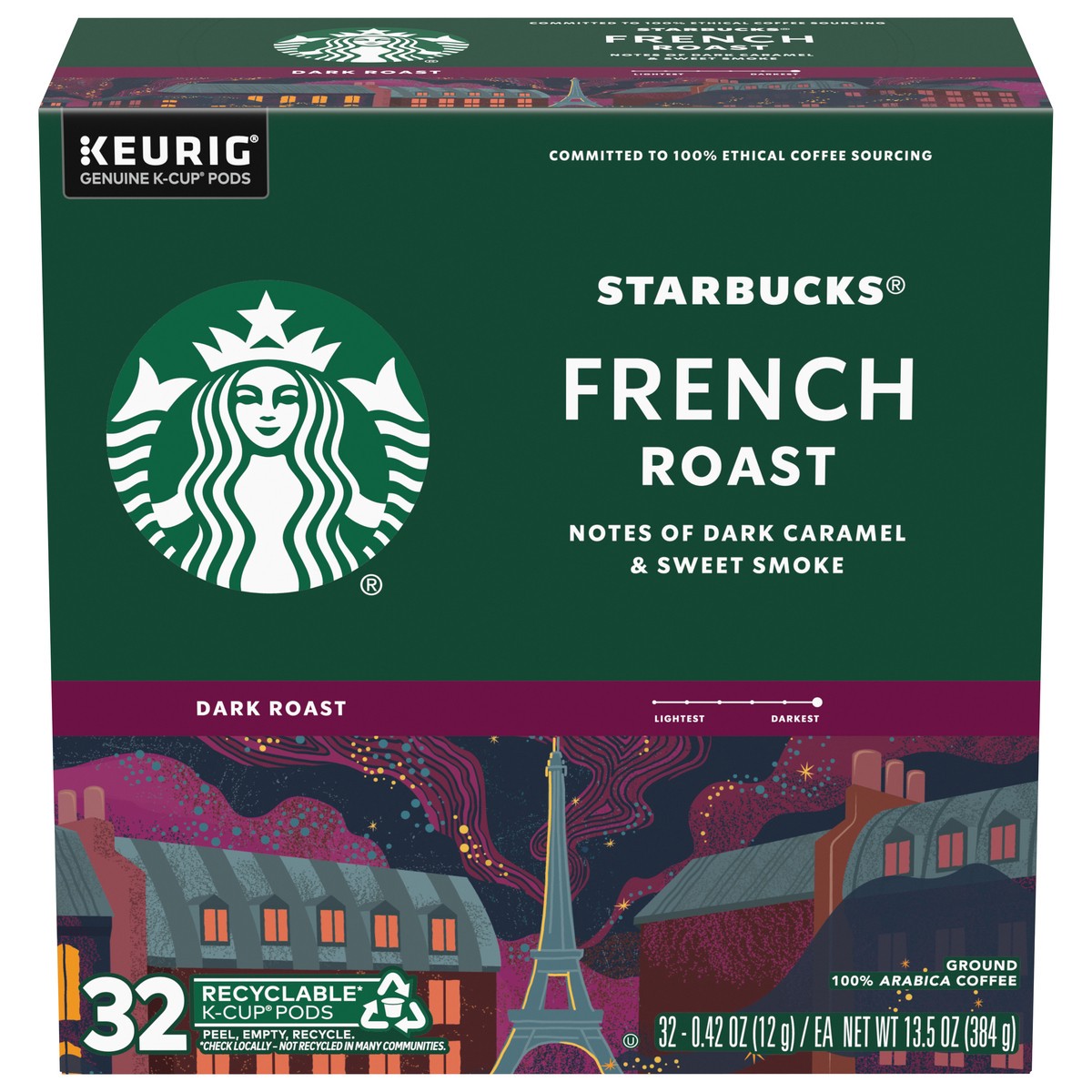 slide 1 of 9, Starbucks K-Cup Pods Dark Roast Ground French Roast Coffee 32 - 0.42 oz ea, 13.5 oz