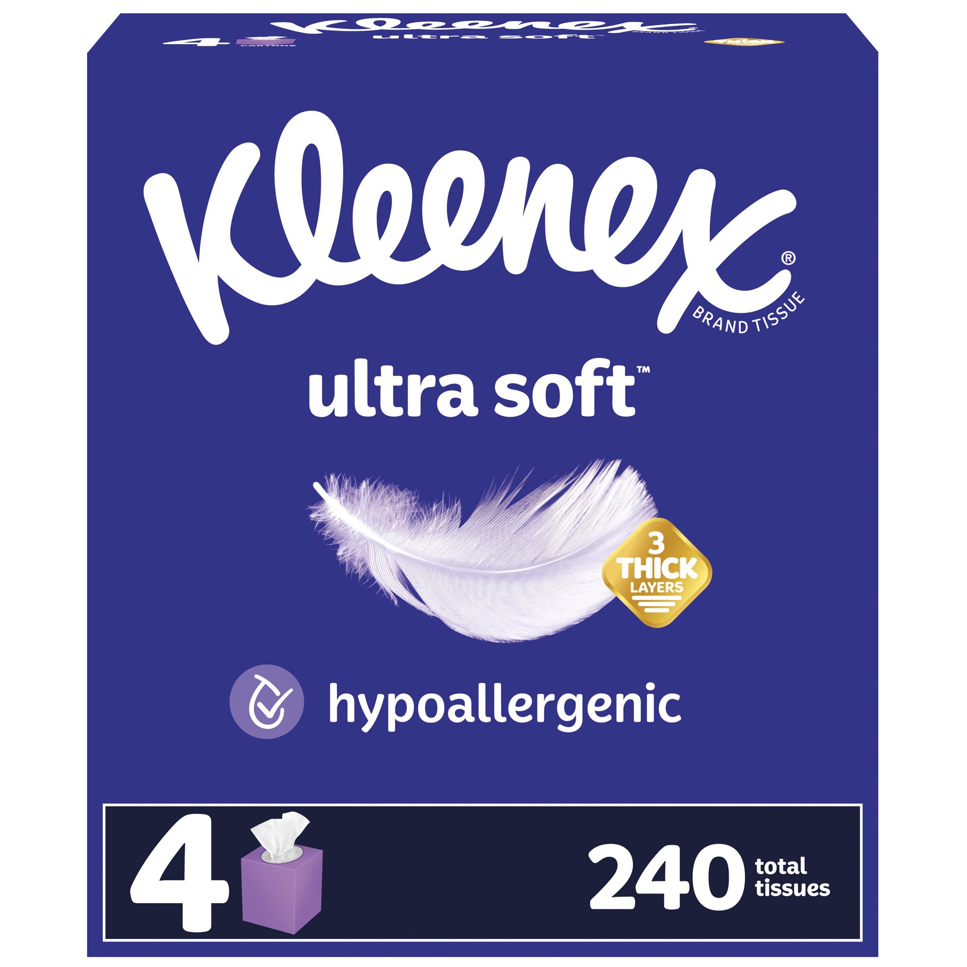 slide 1 of 11, Kleenex Ultra Soft Facial Tissues, 4 Cube Boxes, 60 Tissues per Box, 3-Ply (240 Total Tissues), 4 ct