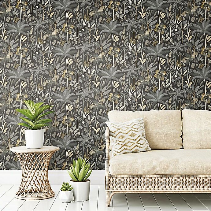 slide 7 of 9, RoomMates Tropical Eden Peel & Stick Wallpaper - Grey/Black, 1 ct