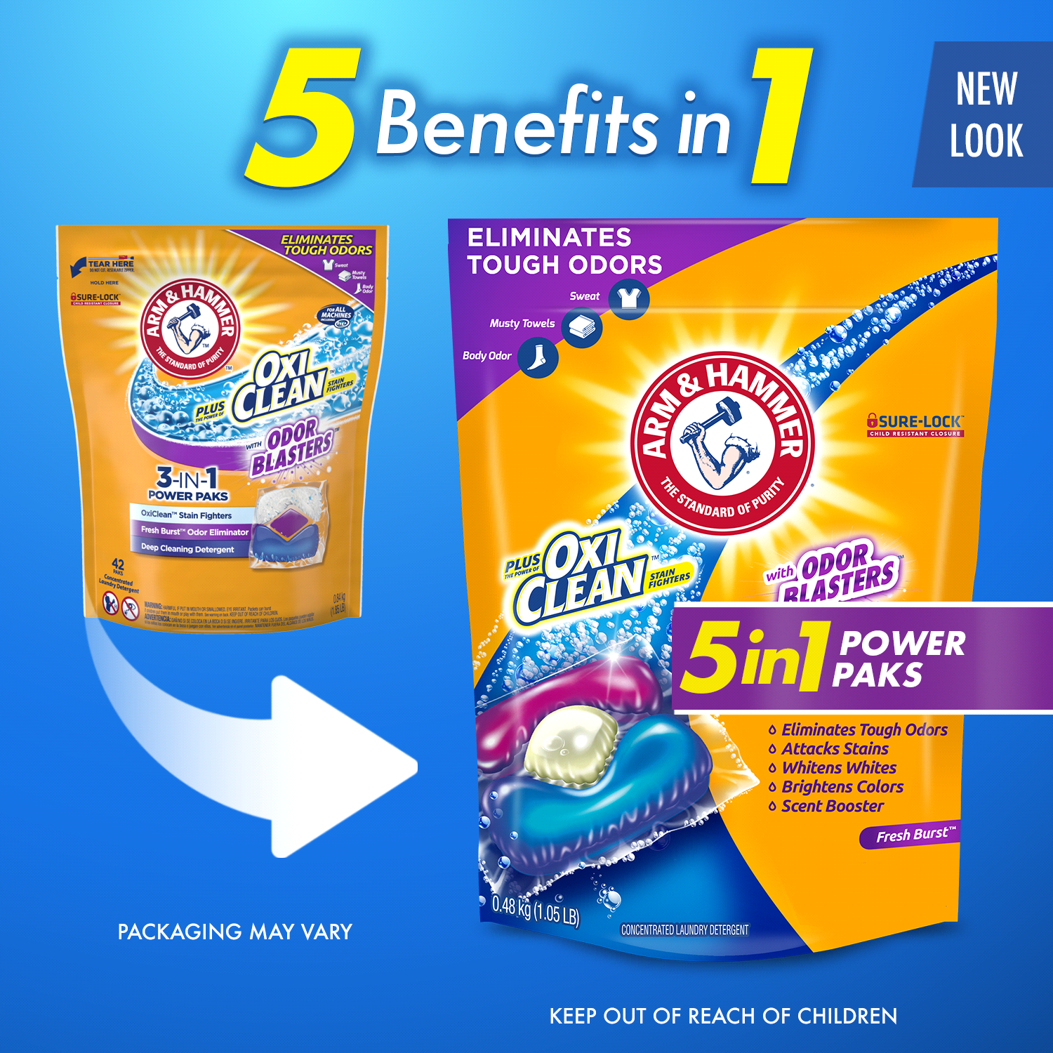 slide 3 of 4, ARM & HAMMER Plus OxiClean With Odor Blasters Laundry Detergent, 5-IN-1 Power Paks, 24 Ct, 24 ct