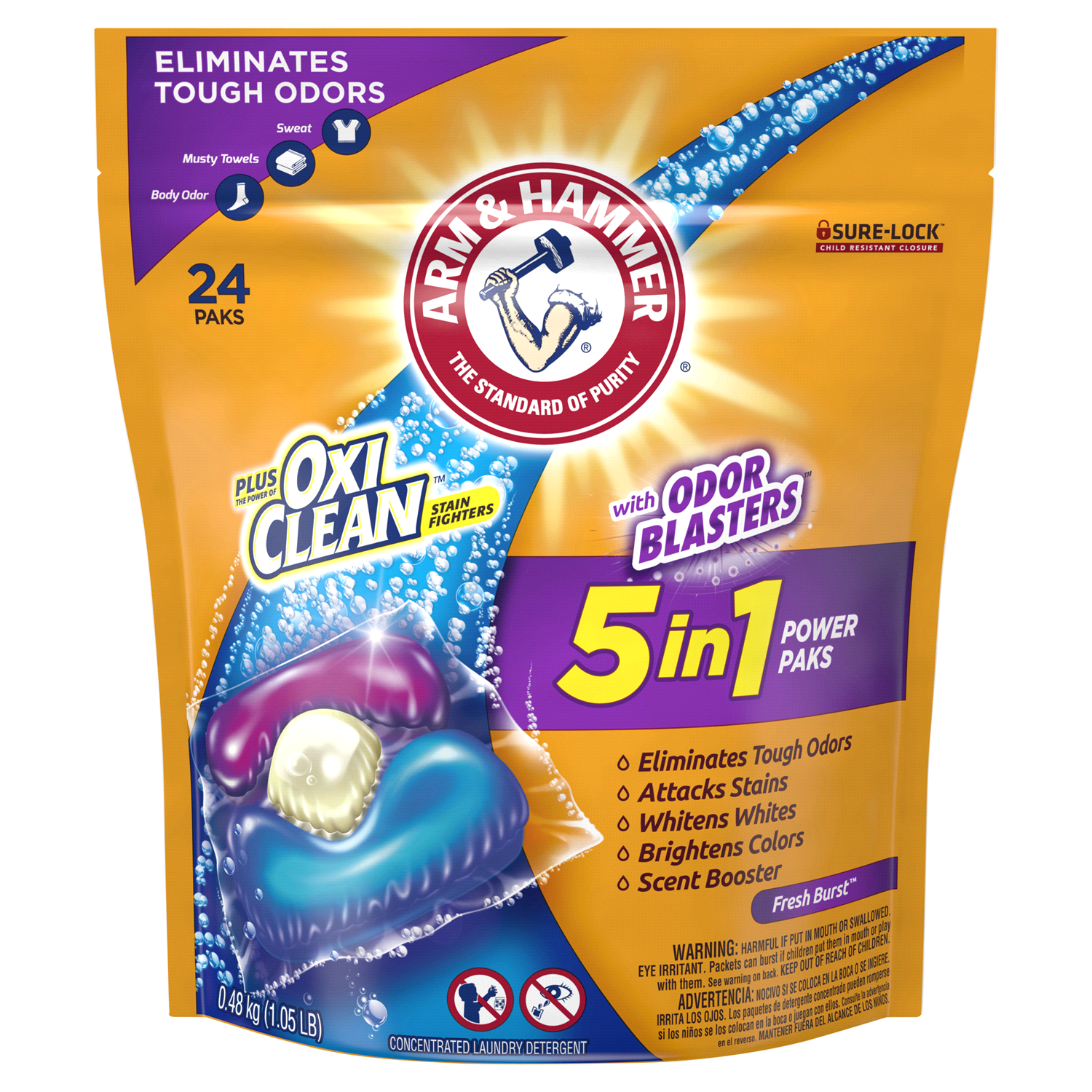 slide 1 of 4, ARM & HAMMER Plus OxiClean With Odor Blasters Laundry Detergent, 5-IN-1 Power Paks, 24 Ct, 24 ct