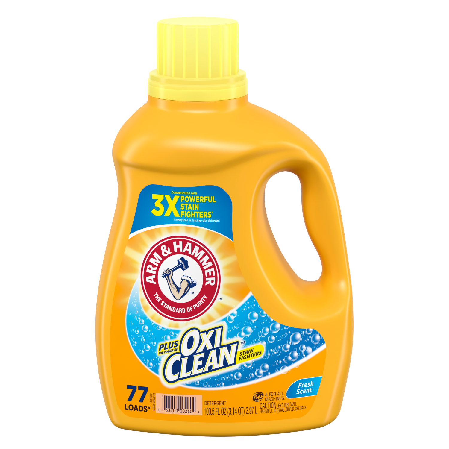 slide 1 of 2, ARM & HAMMER Plus OxiClean Fresh Scent, 77 Loads Liquid Laundry Detergent, 100.5 Fl oz, 100.5 fl oz