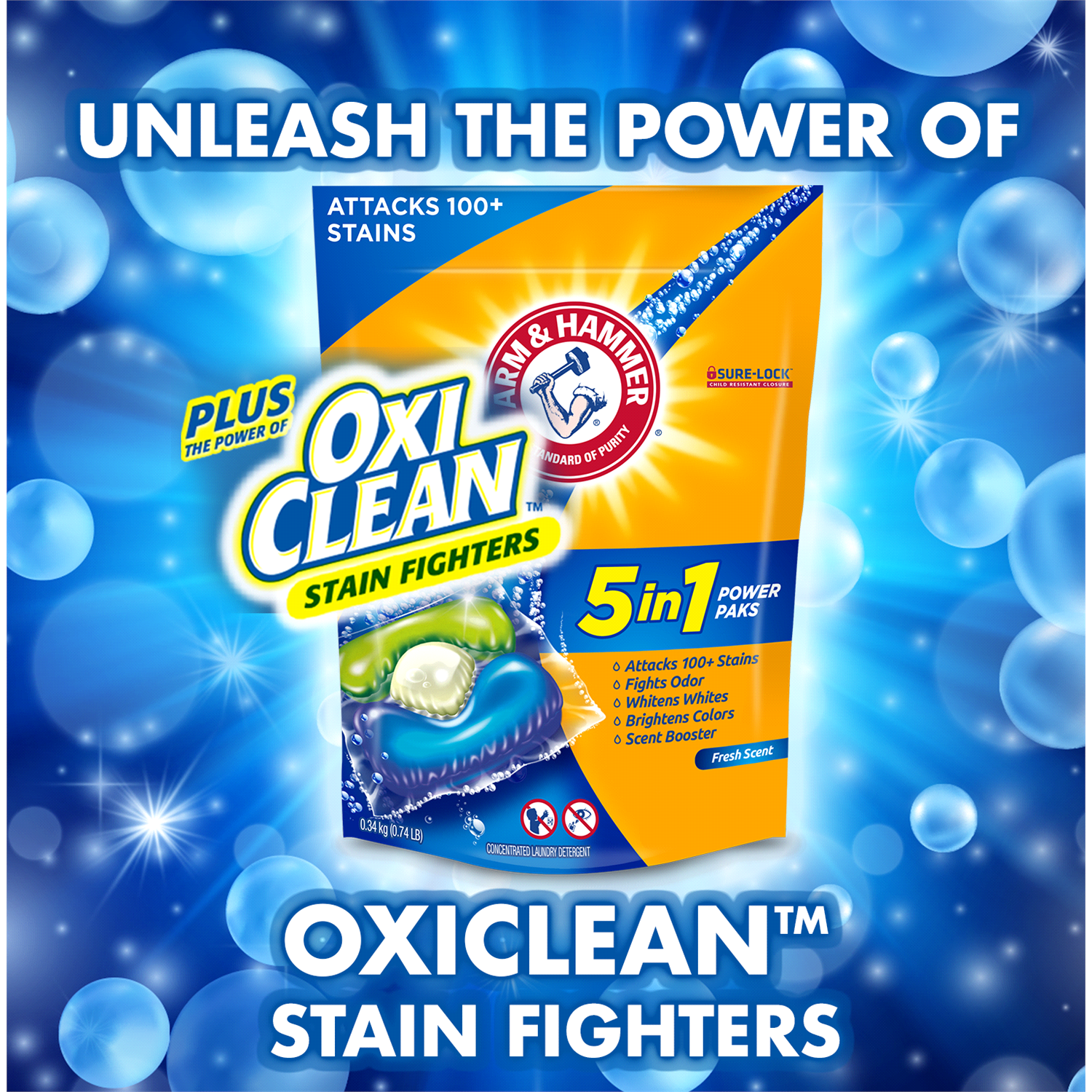slide 4 of 4, ARM & HAMMER Plus OxiClean Stain Fighters: 5-in-1 Laundry Detergent Power Paks, Laundry Stain Remover, Attacks 100 Plus Stains, Fresh Scent, 24 Count, 24 ct