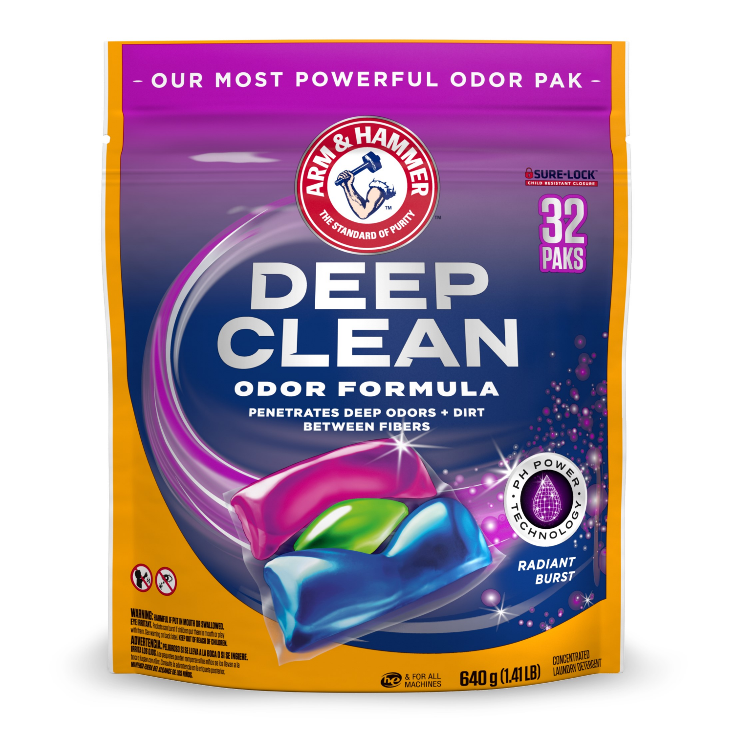 slide 1 of 1, ARM & HAMMER Deep Clean Odor Formula Laundry Detergent Power Paks, 32 ct., 32 ct