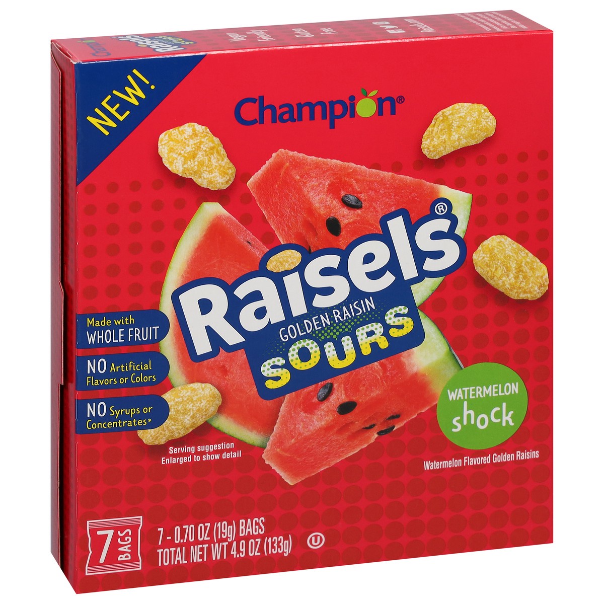 slide 2 of 9, Champion Raisels Sours Watermelon Shock Golden Raisin 7 - 0.70 oz ea, 7 ct