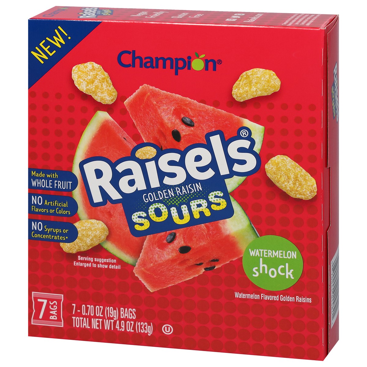 slide 7 of 9, Champion Raisels Sours Watermelon Shock Golden Raisin 7 - 0.70 oz ea, 7 ct