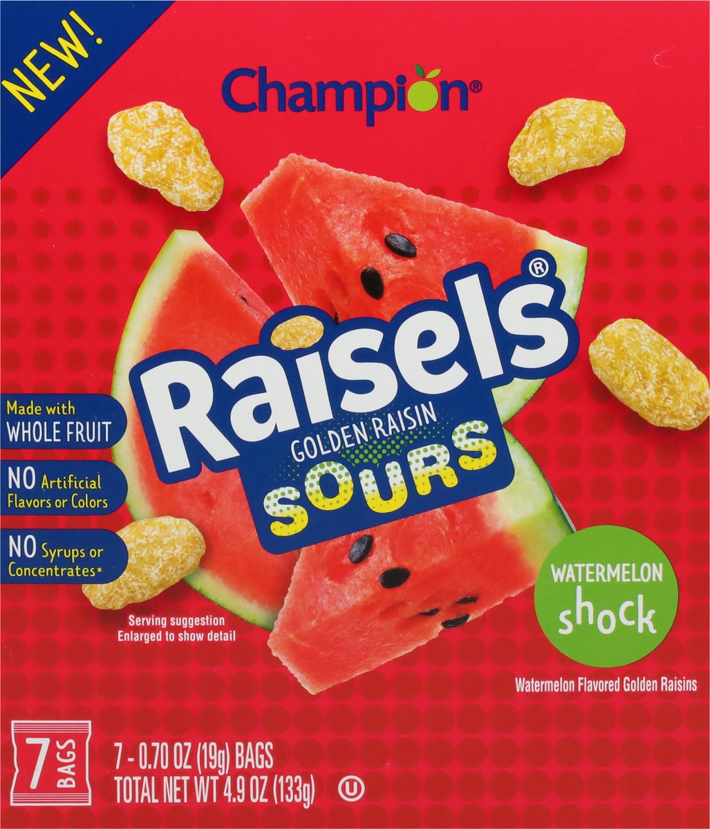 slide 4 of 9, Champion Raisels Sours Watermelon Shock Golden Raisin 7 - 0.70 oz ea, 7 ct