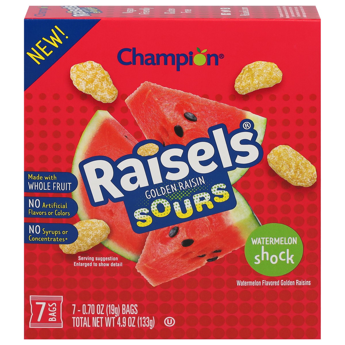 slide 1 of 9, Champion Raisels Sours Watermelon Shock Golden Raisin 7 - 0.70 oz ea, 7 ct