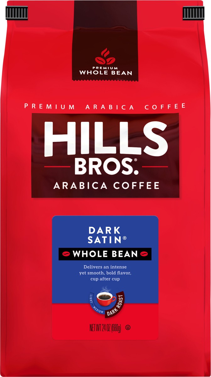 slide 3 of 7, Hills Bros. Dark Roast Whole Bean Arabica Dark Satin Coffee 24 oz, 24 oz