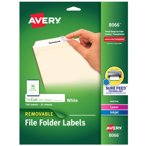 slide 1 of 2, Avery 08066, Removable File Folder Labels, Inkjet/Laser, 2/3 x 3 7/16, White, 750 ct
