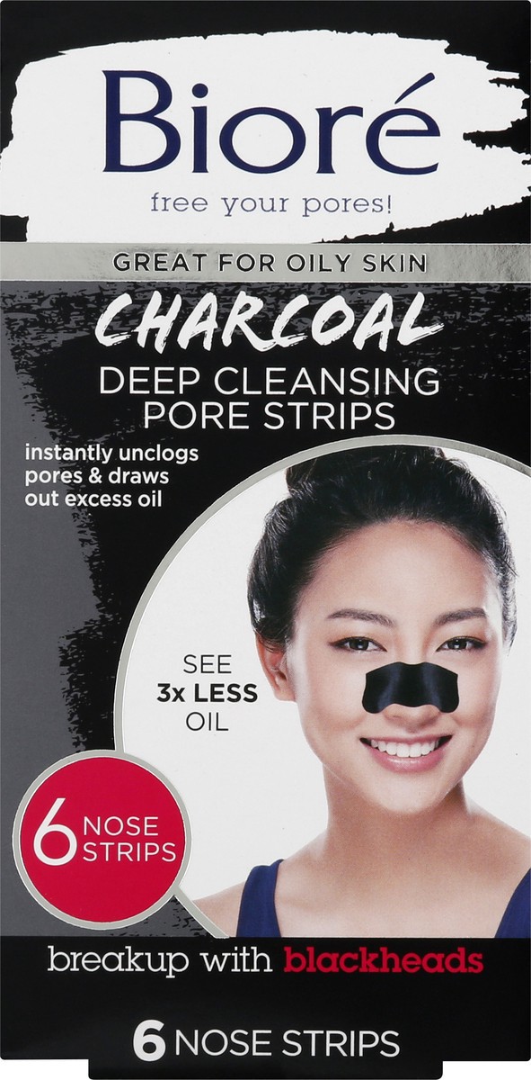 slide 7 of 12, Biore Charcoal, Deep Cleansing Pore Strips, Nose Strips for Blackhead Removal on Oily Skin, with Instant Pore Unclogging, 6 Count (Pack of 1), 6 ct