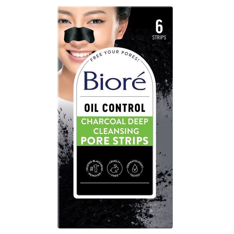 slide 1 of 12, Biore Charcoal, Deep Cleansing Pore Strips, Nose Strips for Blackhead Removal on Oily Skin, with Instant Pore Unclogging, 6 Count (Pack of 1), 6 ct