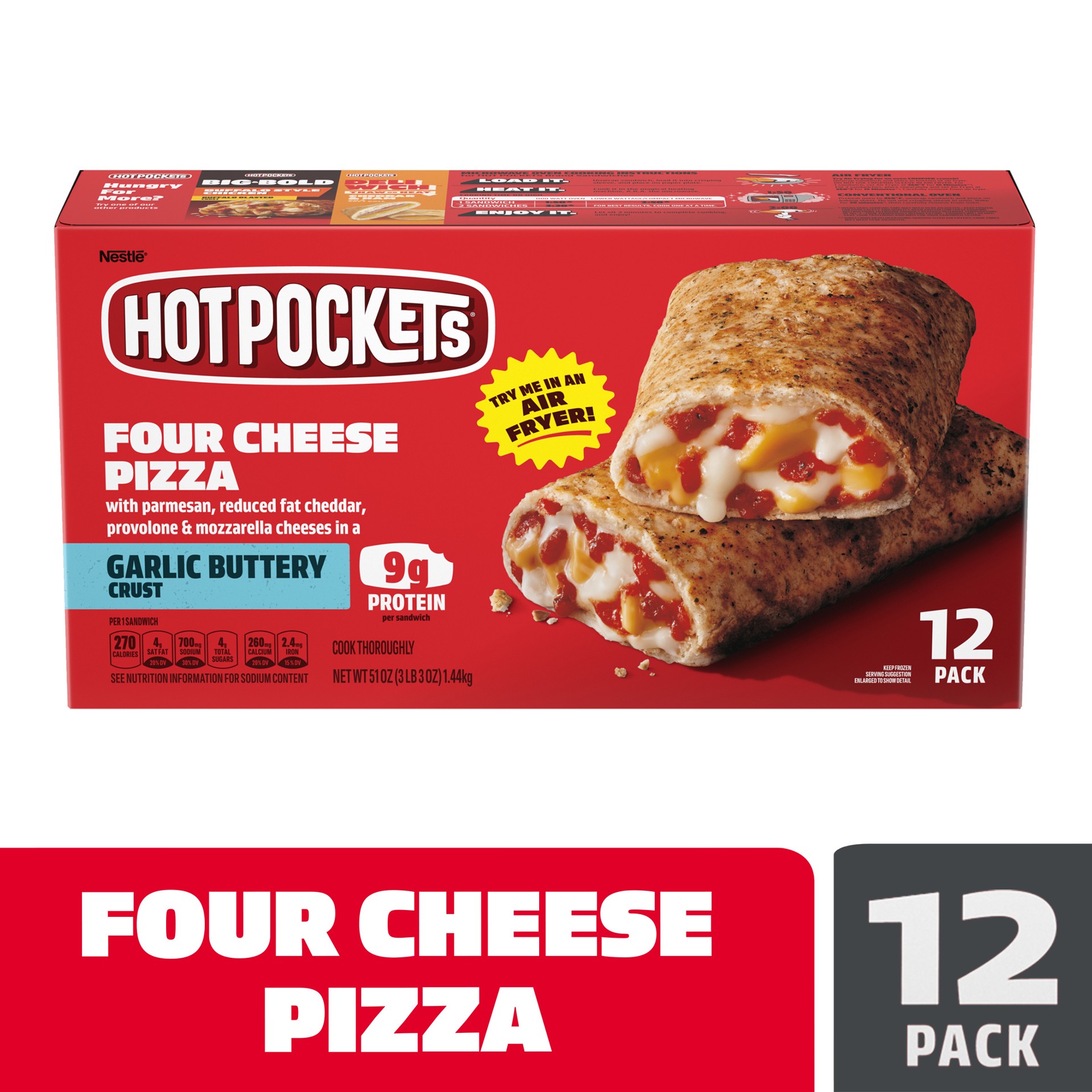 slide 1 of 1, Hot Pockets Four Cheese Pizza Garlic Buttery Crust Frozen Snacks, 12 ct