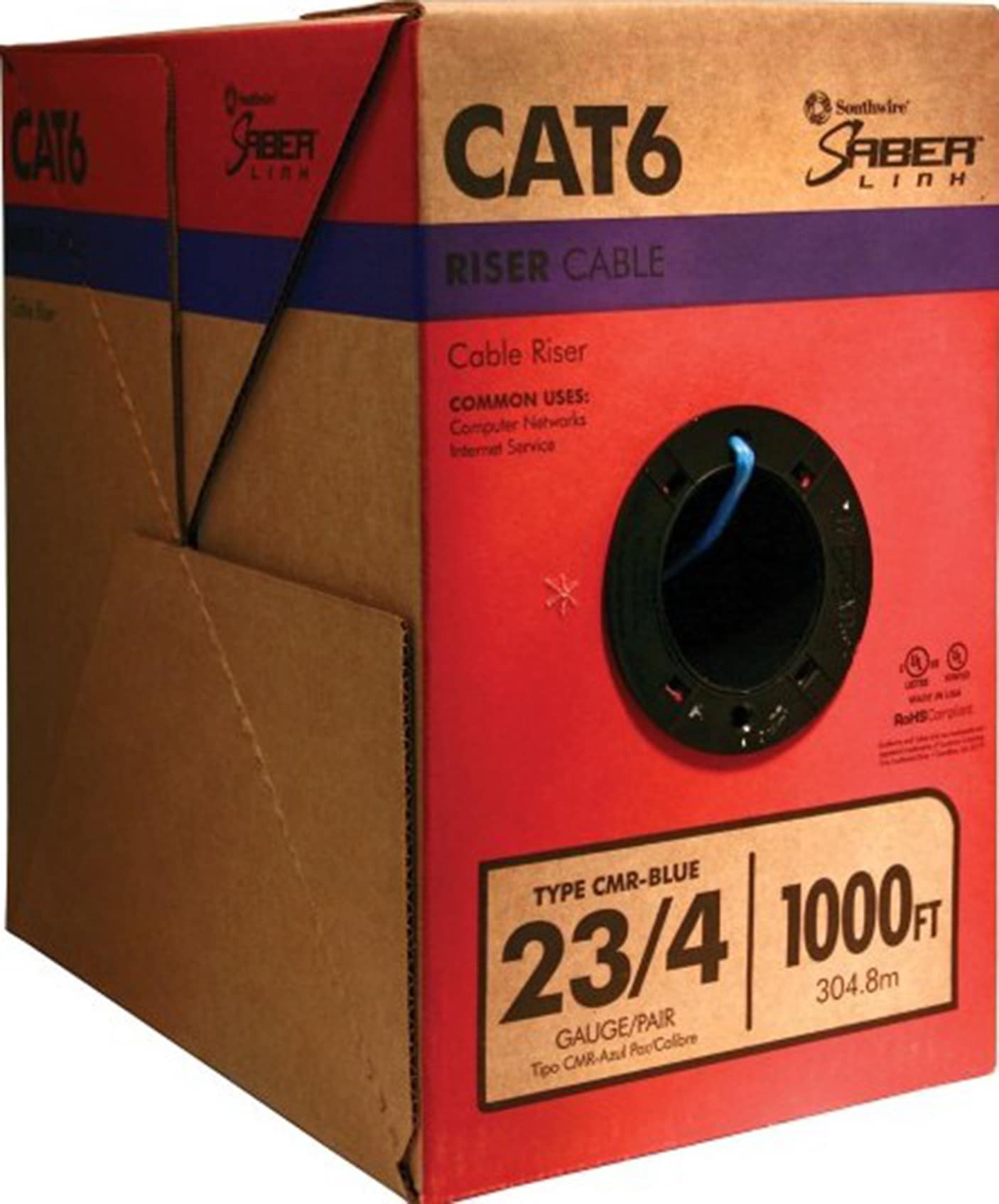 slide 1 of 2, Southwire 1000-ft 23 CAT 6 4 Riser Blue Data Cable Pull box, 1 ct
