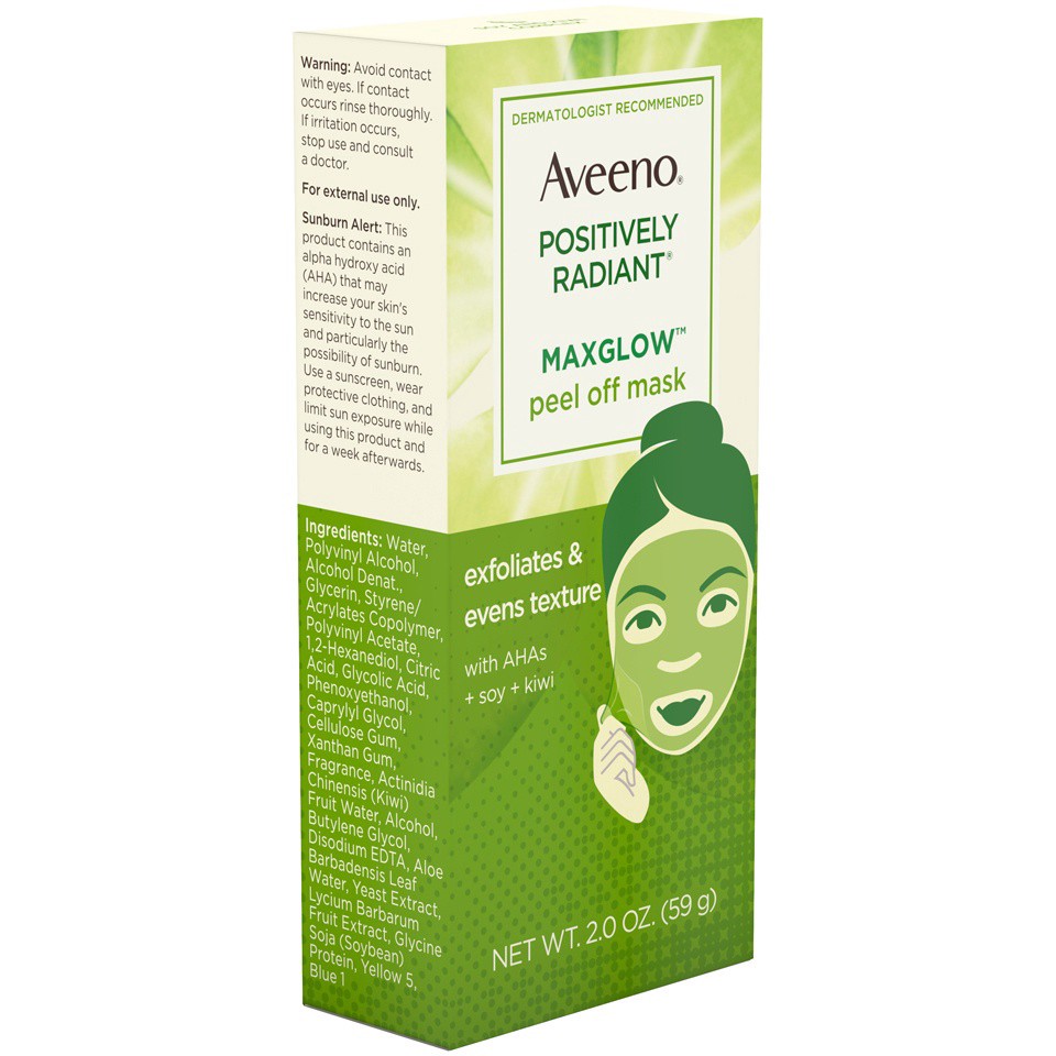 slide 6 of 6, Aveeno Positively Radiant MaxGlow Peel Off Exfoliating Face Mask with Alpha Hydroxy Acids, Moisture Rich Soy & Kiwi Complex for Even Tone & Texture, Non-Comedogenic, Paraben- & Phthalate-Free, 2.0 oz, 2 oz