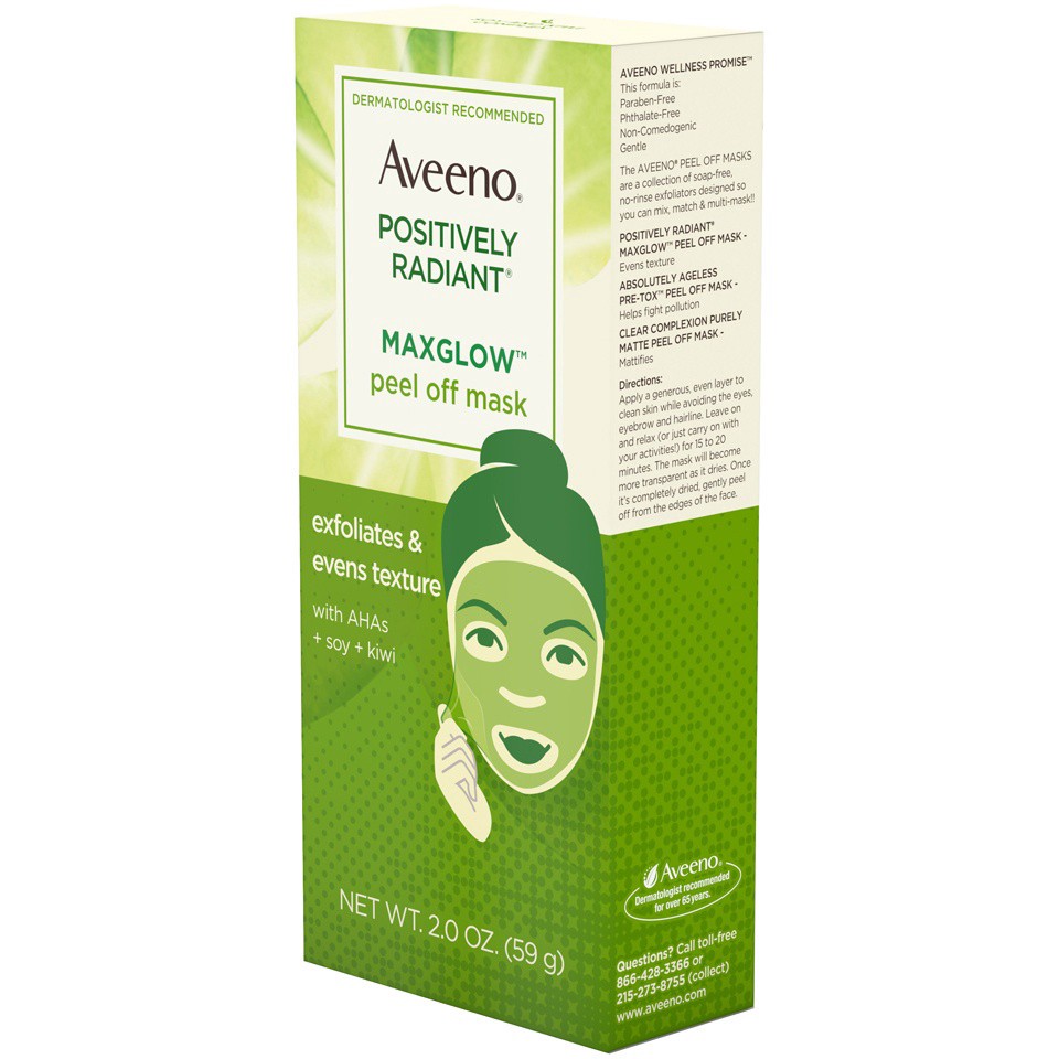 slide 2 of 6, Aveeno Positively Radiant MaxGlow Peel Off Exfoliating Face Mask with Alpha Hydroxy Acids, Moisture Rich Soy & Kiwi Complex for Even Tone & Texture, Non-Comedogenic, Paraben- & Phthalate-Free, 2.0 oz, 2 oz