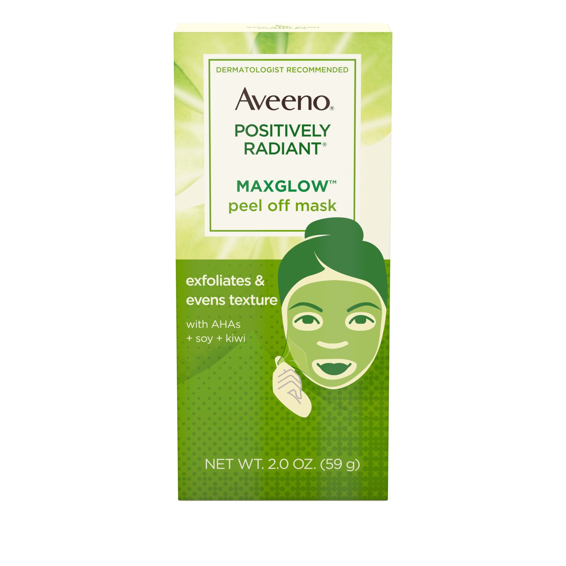 slide 1 of 6, Aveeno Positively Radiant MaxGlow Peel Off Exfoliating Face Mask with Alpha Hydroxy Acids, Moisture Rich Soy & Kiwi Complex for Even Tone & Texture, Non-Comedogenic, Paraben- & Phthalate-Free, 2.0 oz, 2 oz