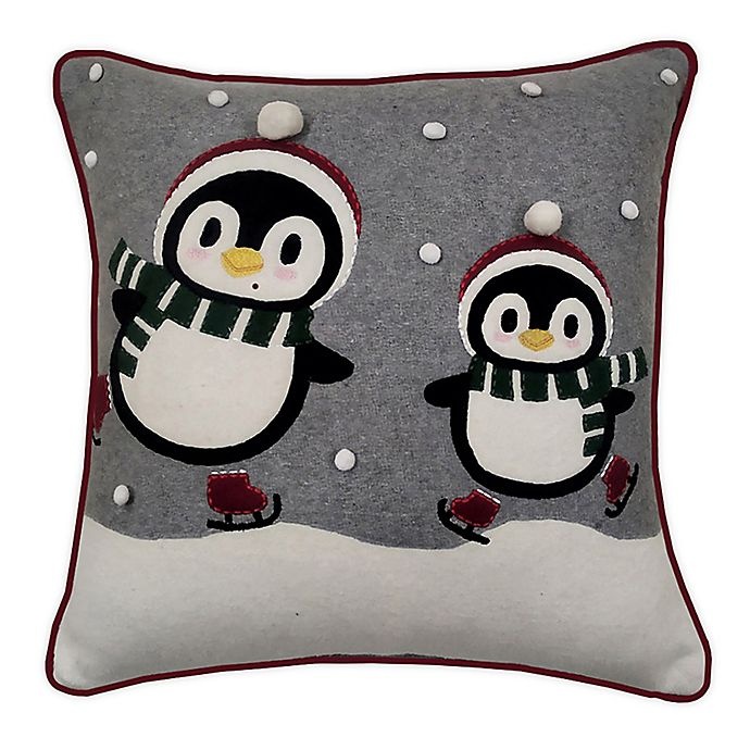 slide 1 of 1, Winter Wonderland Two Skating Penguins Square Throw Pillow - Grey/Red, 1 ct