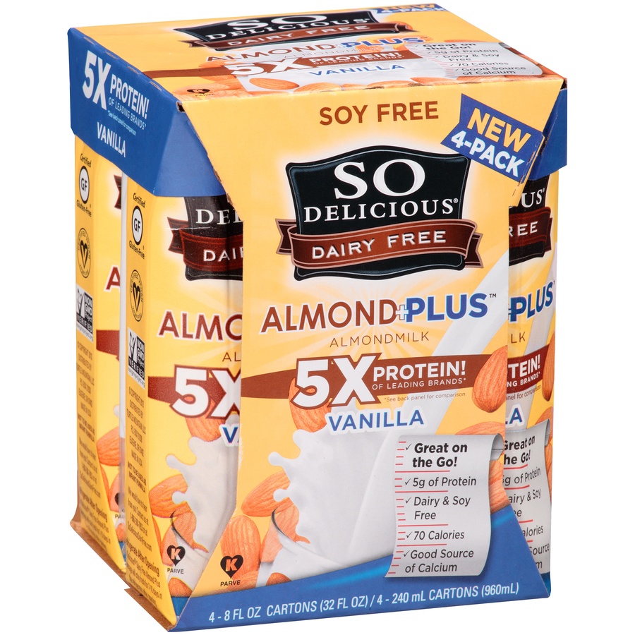 slide 2 of 8, So Delicious Dairy Free Almond Milk Protein Plus Vanilla 48 fl. oz. Cartons, 4 ct; 8 fl oz