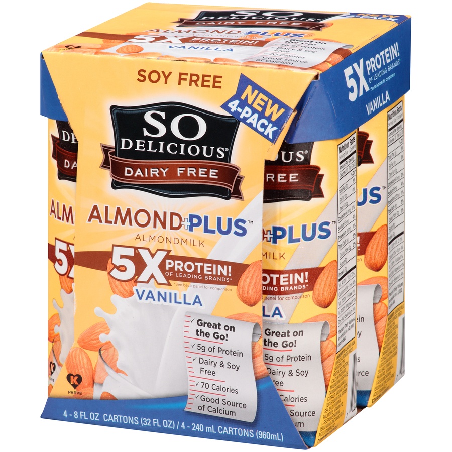 slide 3 of 8, So Delicious Dairy Free Almond Milk Protein Plus Vanilla 48 fl. oz. Cartons, 4 ct; 8 fl oz