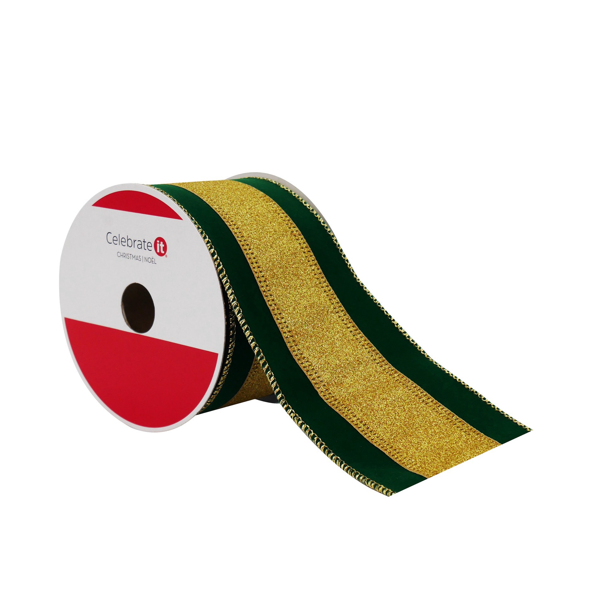 slide 2 of 3, 2.5" X 20ft. Green With Gold Stripe Wired Ribbon By Celebrate It, 2.5 in x 20 ft